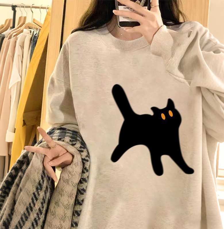 韓系卡通貓咪印花刷毛加厚休閒圓領長袖T恤-Cicimode