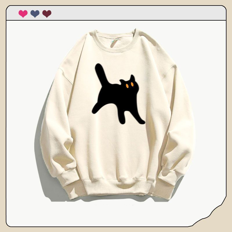 韓系卡通貓咪印花刷毛加厚休閒圓領長袖T恤-Cicimode