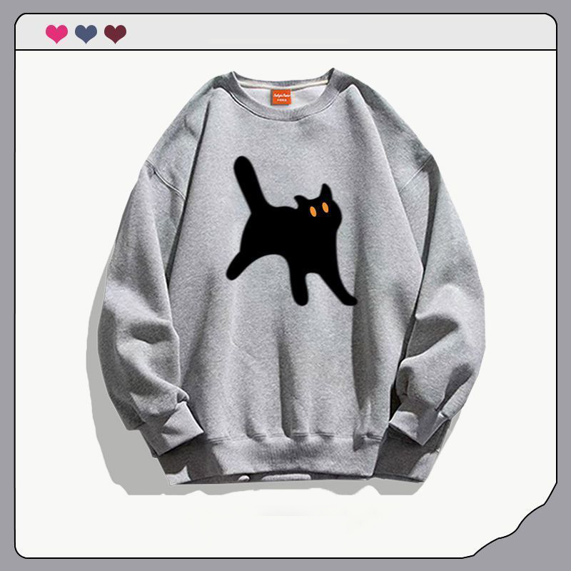 韓系卡通貓咪印花刷毛加厚休閒圓領長袖T恤-Cicimode