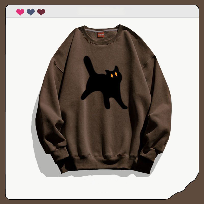 韓系卡通貓咪印花刷毛加厚休閒圓領長袖T恤-Cicimode