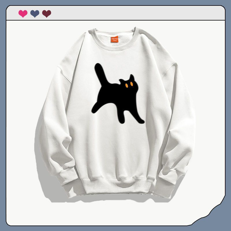 韓系卡通貓咪印花刷毛加厚休閒圓領長袖T恤-Cicimode