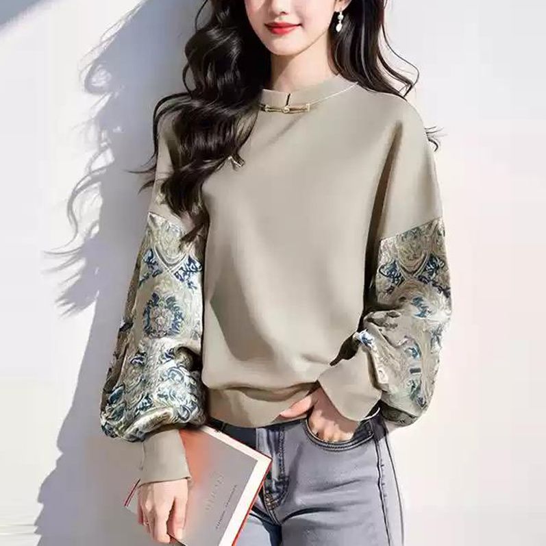 新中式國風印花設計感重工盤扣拼接長袖T恤-Cicimode