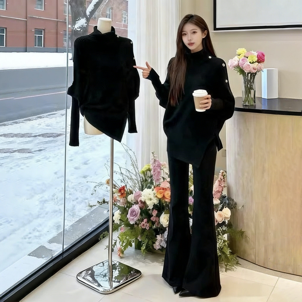 法式復古不規則設計修身打底高領針織毛衣-Cicimode