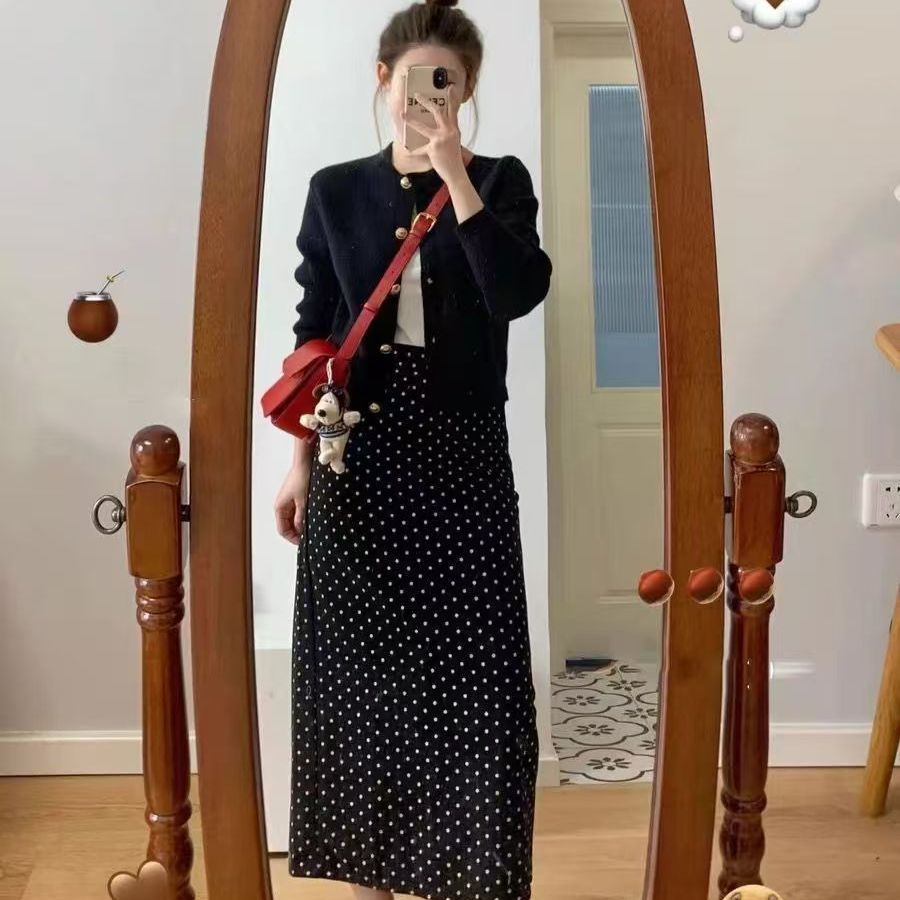 【單件/套裝】小香風黑色氣質針織開衫+波點半身裙兩件套-Cicimode