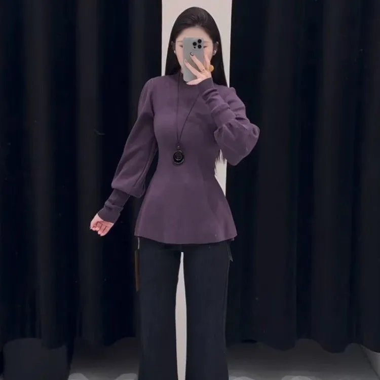 法式半高領燈籠袖獨特收腰慵懶氣質針織毛衣-Cicimode