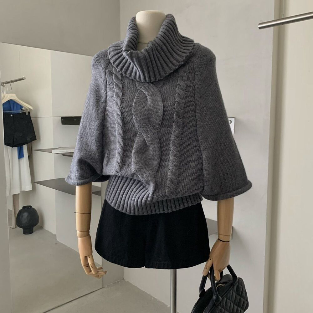 麻花斗篷氛圍針織衫復古寬鬆中袖高領毛衣-Cicimode