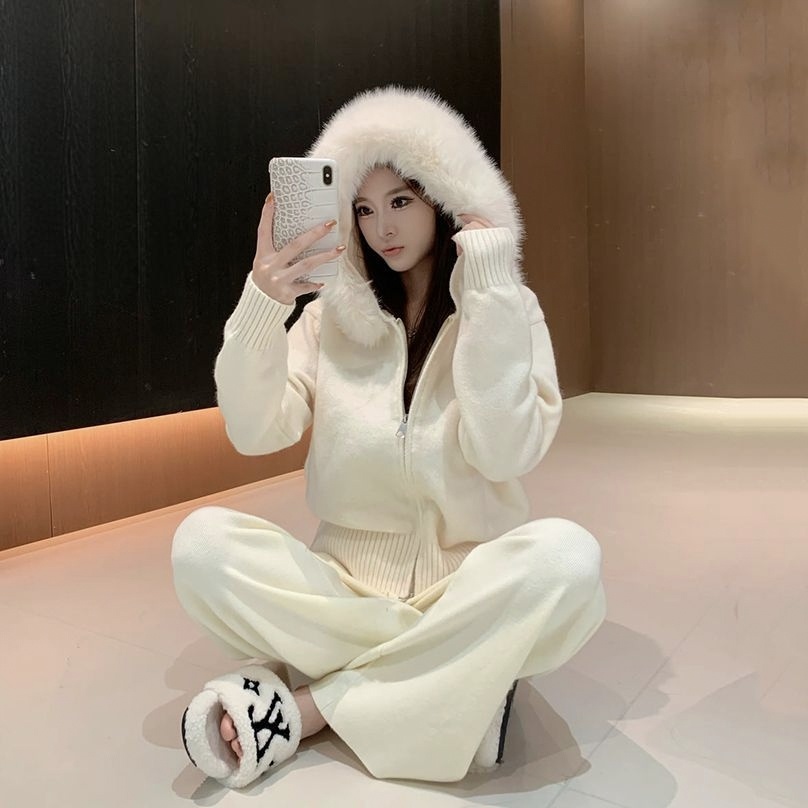 【單件/套裝】寬鬆慵懶風鬆弛毛領連帽拉鏈開衫+百搭顯瘦闊腿褲兩件套裝