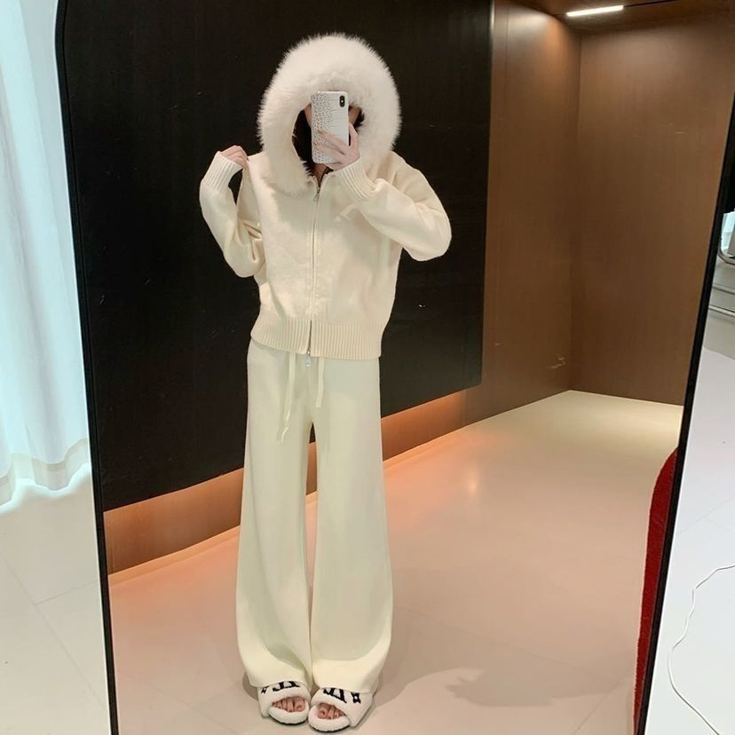 【單件/套裝】寬鬆慵懶風鬆弛毛領連帽拉鏈開衫+百搭顯瘦闊腿褲兩件套裝