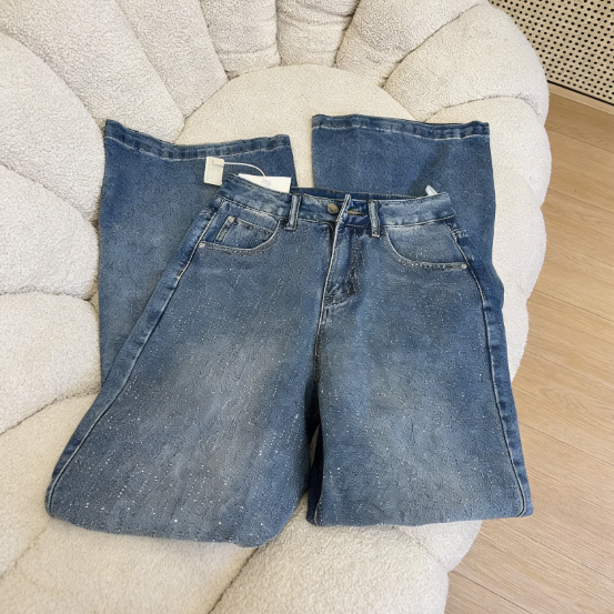 美式燙鑽高腰顯瘦刷毛加厚闊腿拖地牛仔褲