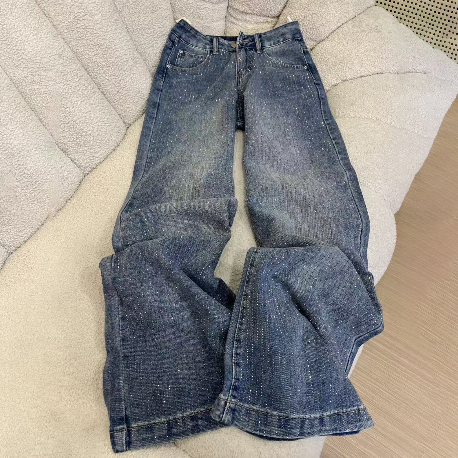 美式燙鑽高腰顯瘦刷毛加厚闊腿拖地牛仔褲