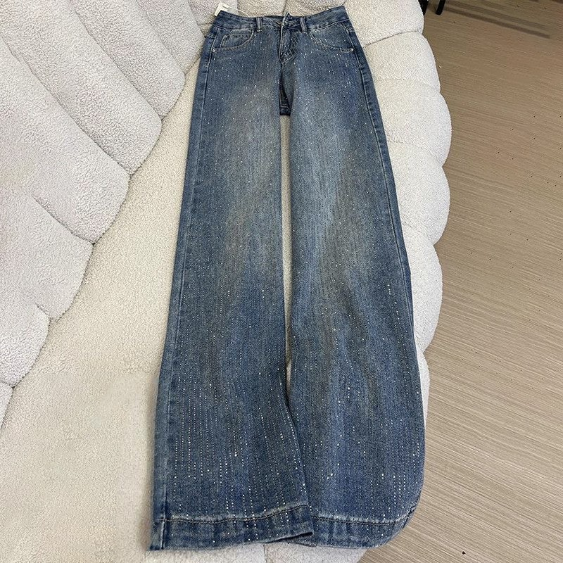 美式燙鑽高腰顯瘦刷毛加厚闊腿拖地牛仔褲