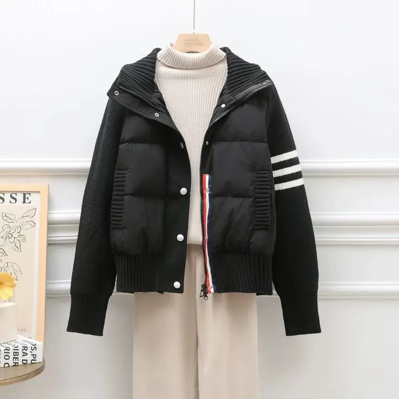 短版休閑立領加厚保暖針織拼接羽絨棉服