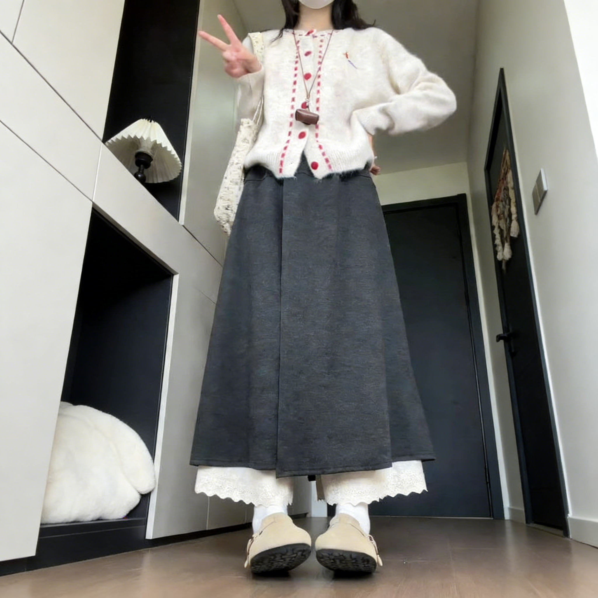 拼接蕾絲花邊百搭高腰寬鬆闊腿顯瘦A字裙褲