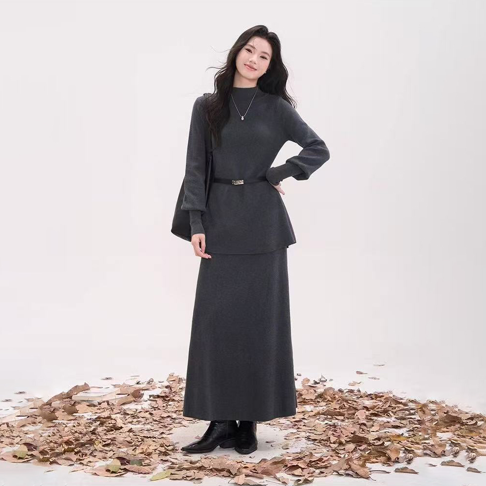 【整套】韓系半高領針織毛衣+高腰半身裙兩件套