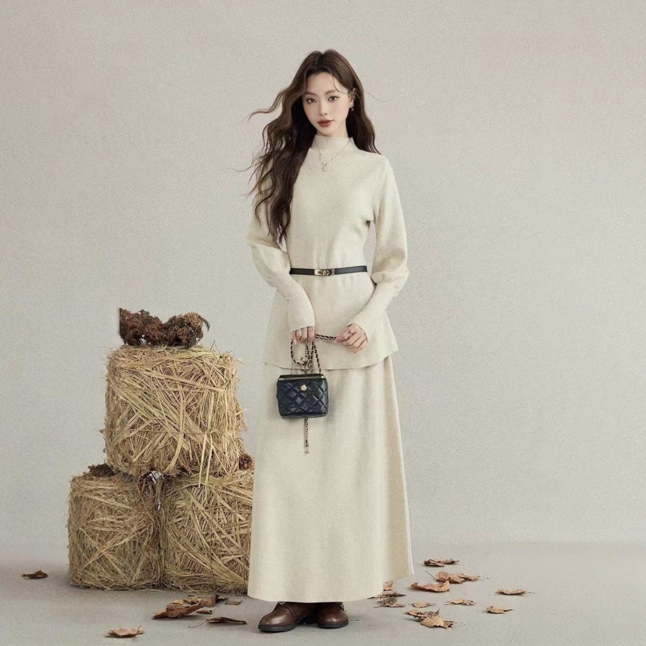 【整套】韓系半高領針織毛衣+高腰半身裙兩件套