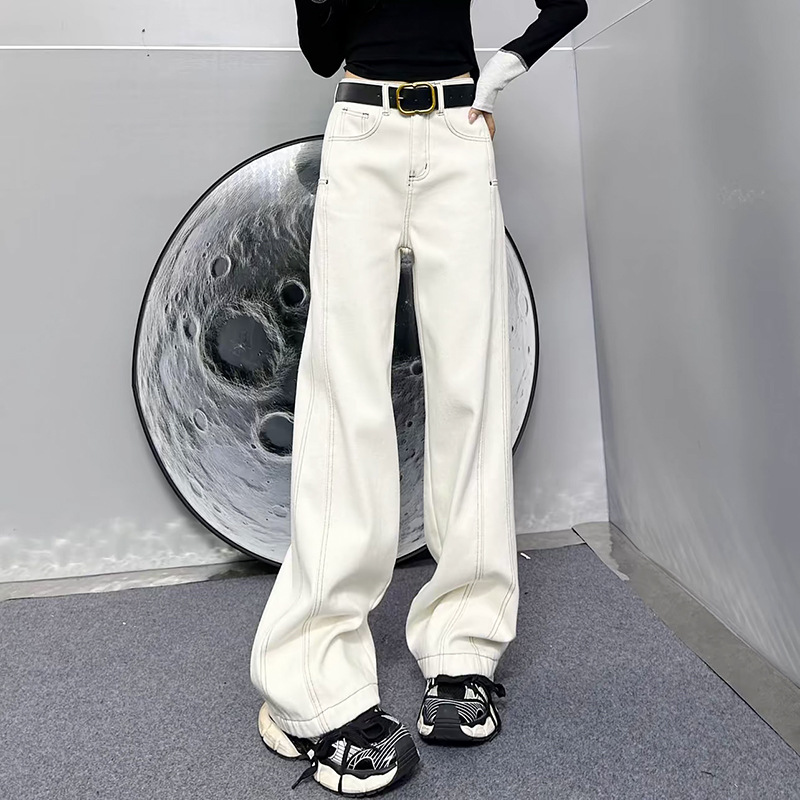 高級感梨型直筒大碼顯瘦闊腿休閒拖地牛仔褲