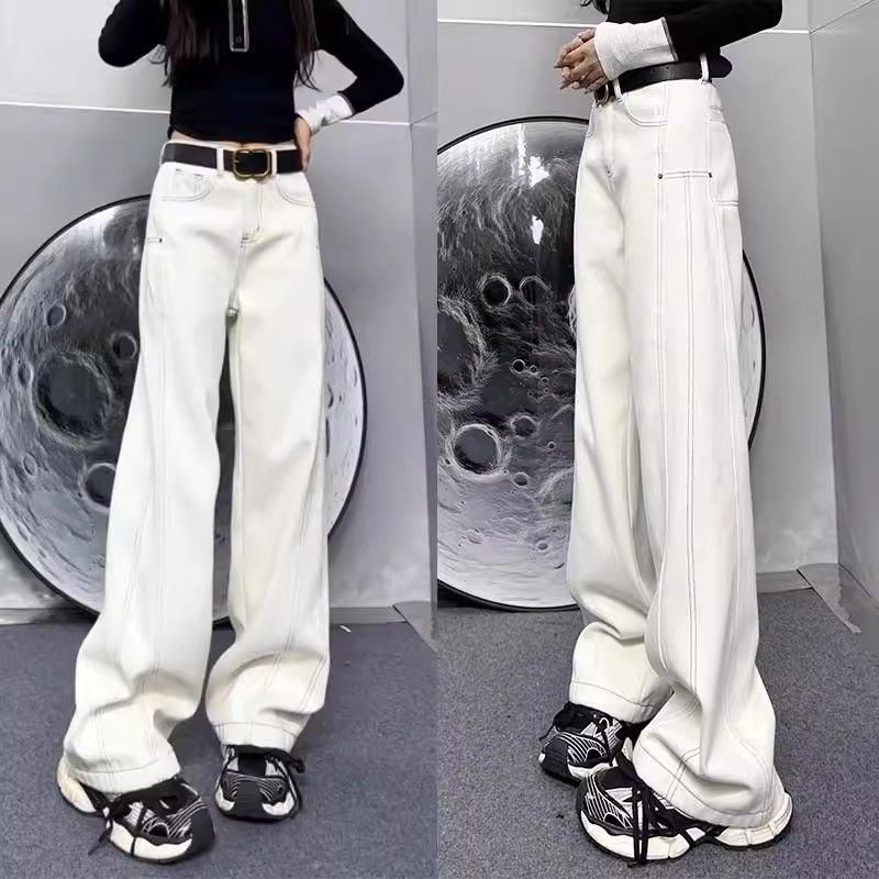 高級感梨型直筒大碼顯瘦闊腿休閒拖地牛仔褲