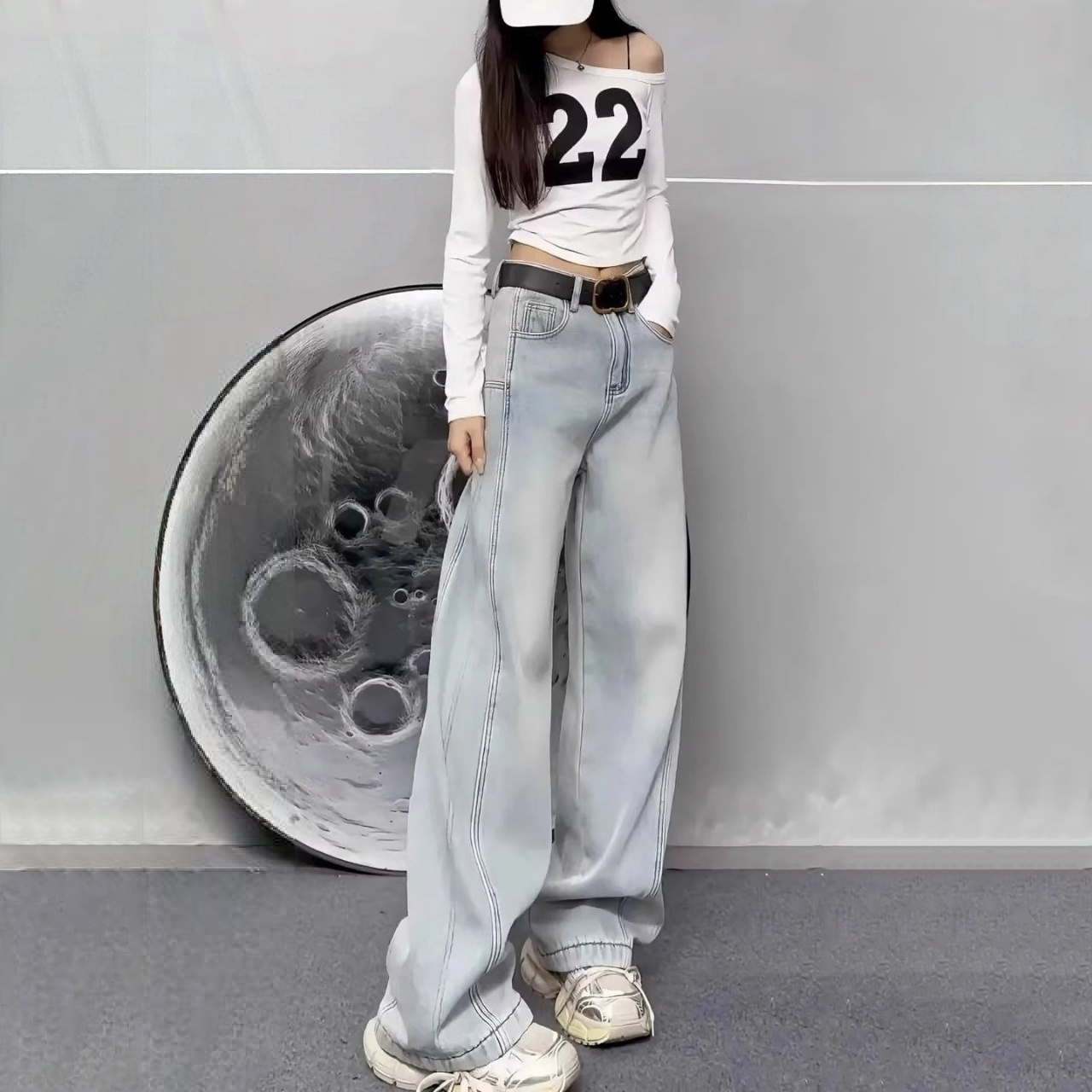 高級感梨型直筒大碼顯瘦闊腿休閒拖地牛仔褲