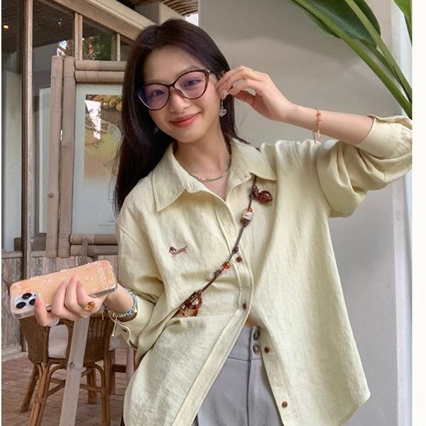 刺繡設計慵懶休閒百搭長袖氣質寬鬆襯衫