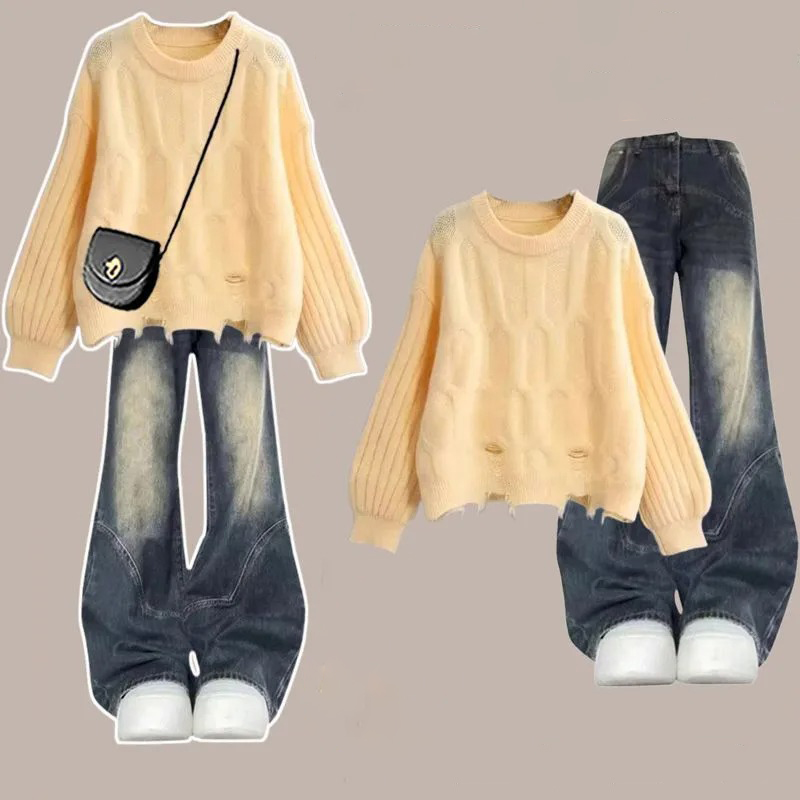 【單件/套裝】百搭設計感減齡毛衣+收腰牛仔褲兩件套裝-Cicimode