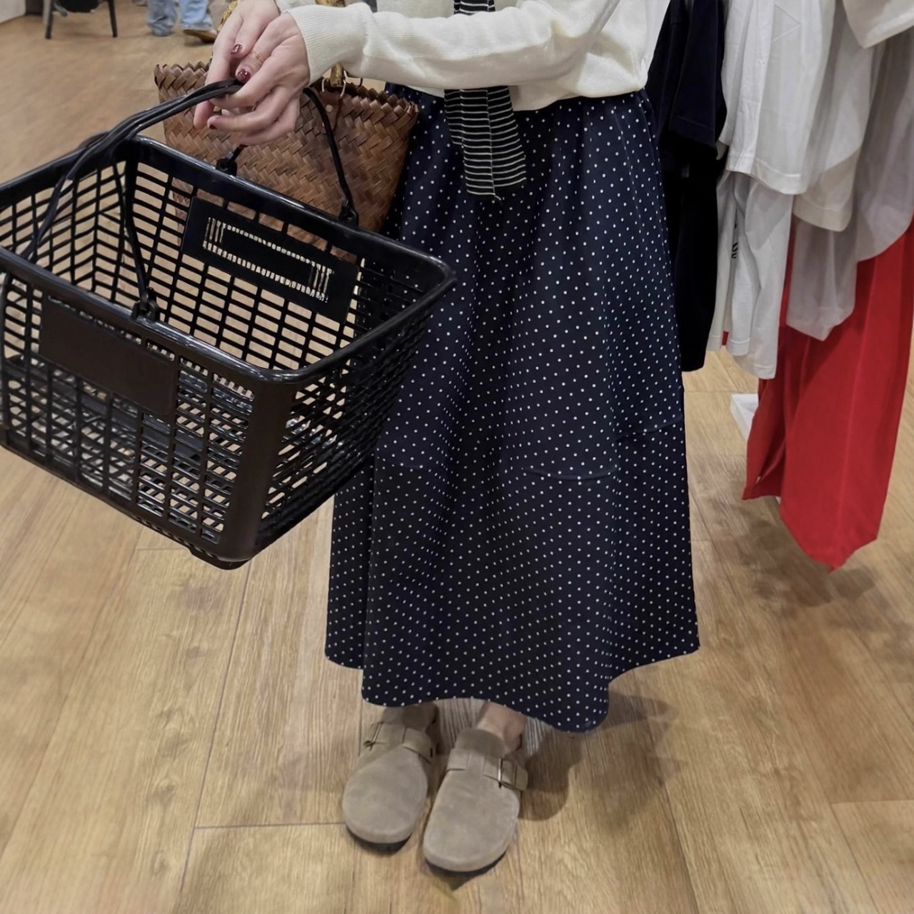 藏青色波點大碼遮胯顯瘦高腰拼接A字半身裙