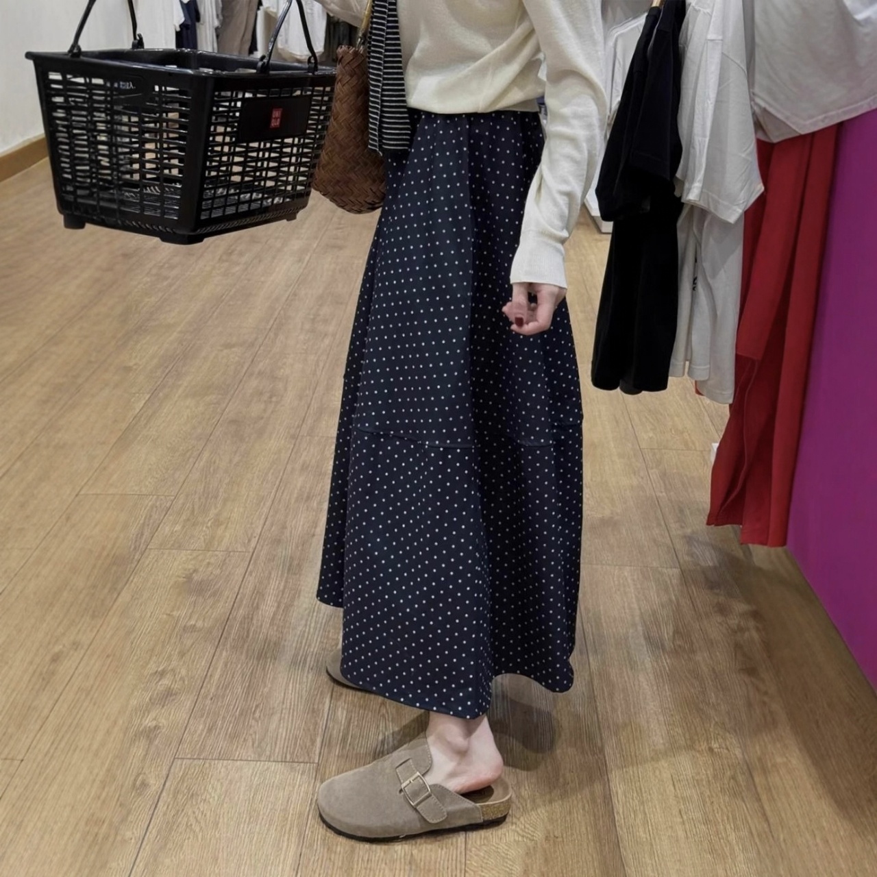 藏青色波點大碼遮胯顯瘦高腰拼接A字半身裙
