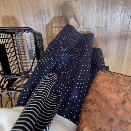 藏青色波點大碼遮胯顯瘦高腰拼接A字半身裙