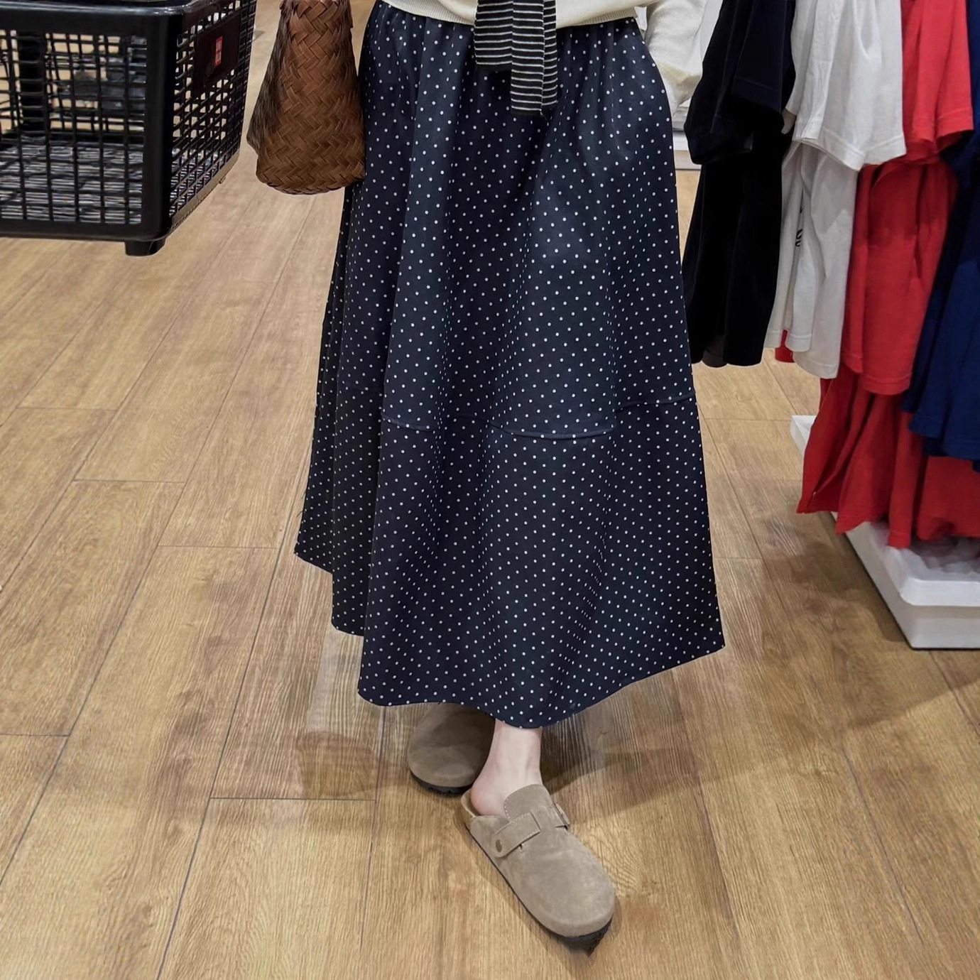 藏青色波點大碼遮胯顯瘦高腰拼接A字半身裙