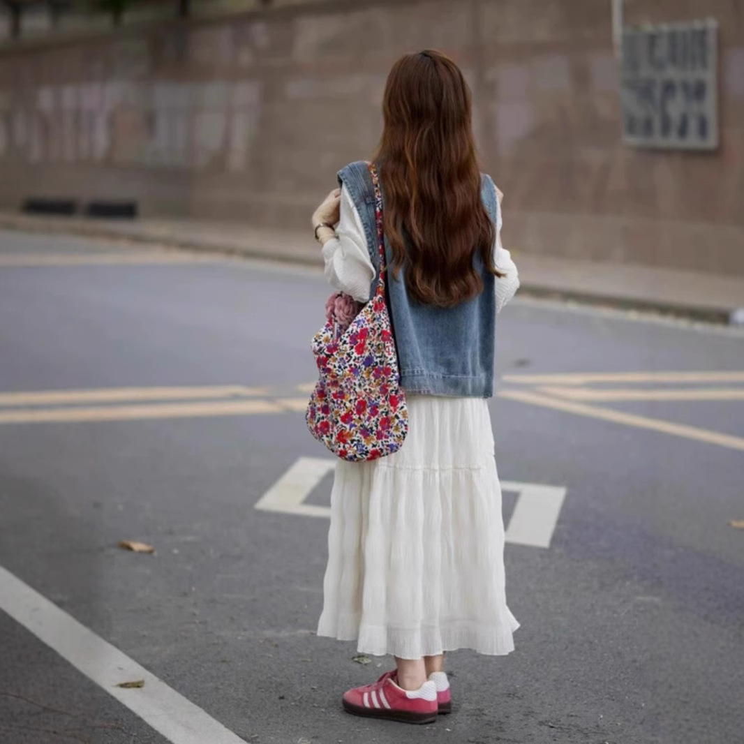 【單件/套裝】翻領牛仔馬甲外套+長袖連衣裙兩件套裝