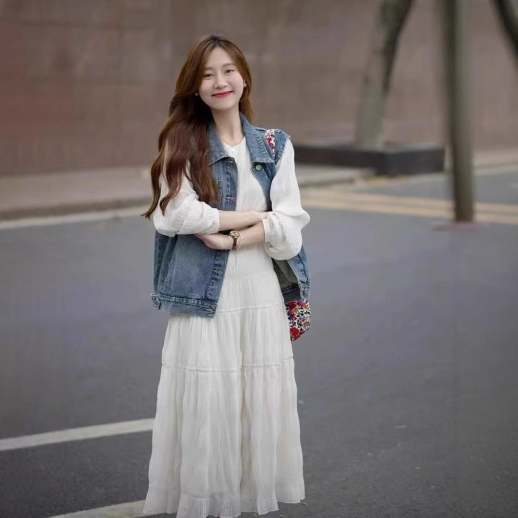 【單件/套裝】翻領牛仔馬甲外套+長袖連衣裙兩件套裝