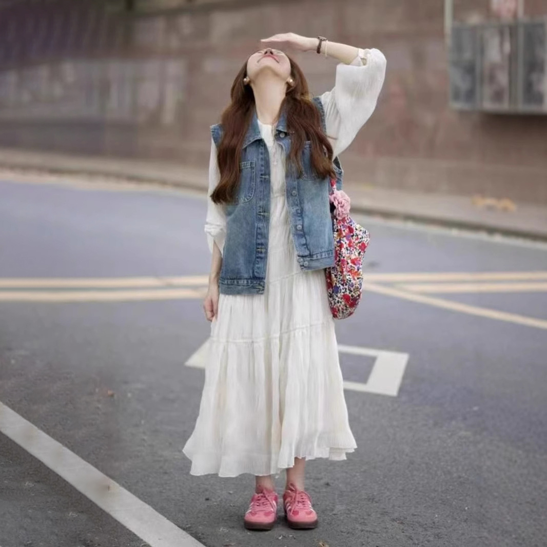 【單件/套裝】翻領牛仔馬甲外套+長袖連衣裙兩件套裝