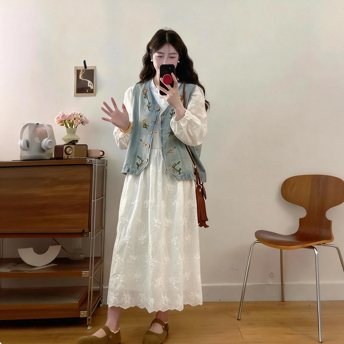【單件/套裝】減齡法式洋氣蕾絲提花洋裝+重工繡花馬甲兩件套