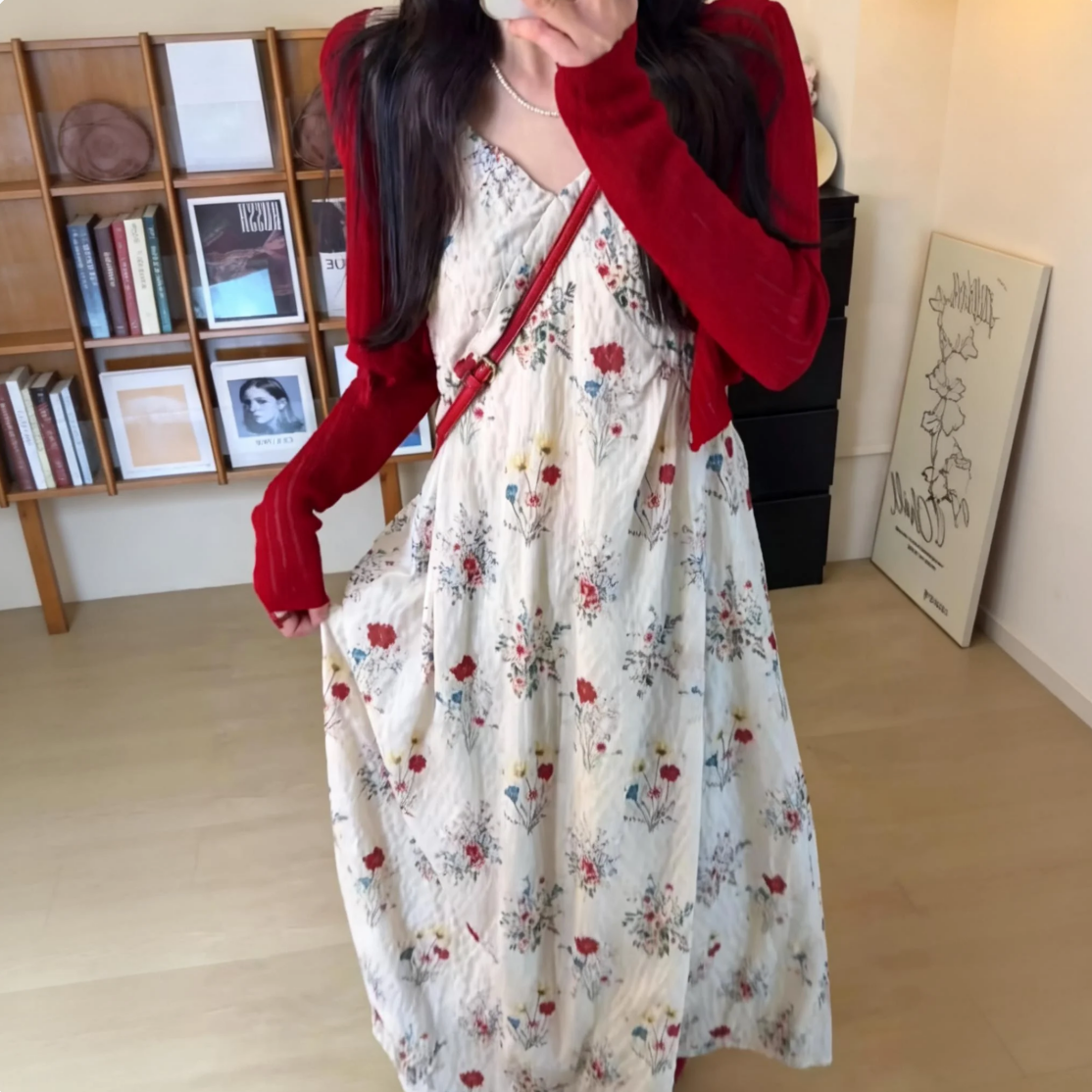 【單件/套裝】法式甜美風大碼碎花吊帶洋裝+薄款防曬開衫兩件套