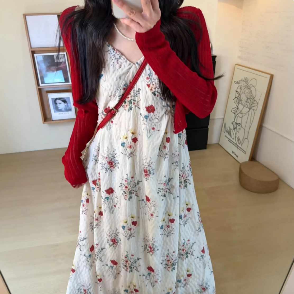 【單件/套裝】法式甜美風大碼碎花吊帶洋裝+薄款防曬開衫兩件套