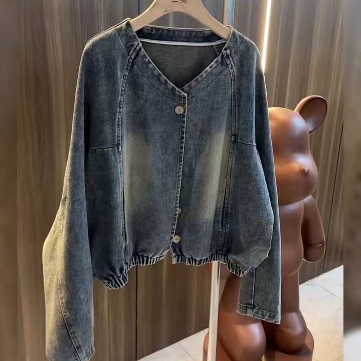 大碼復古短版百搭洋氣休閒夾克牛仔外套