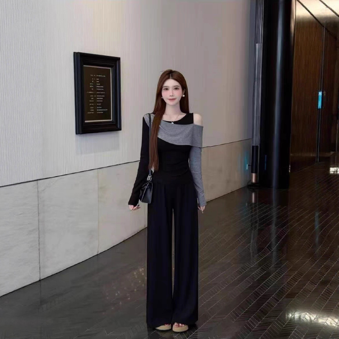 【單件/套裝】韓版高級感氣質撞色拼接露肩不規則上衣+高腰長褲兩件套裝