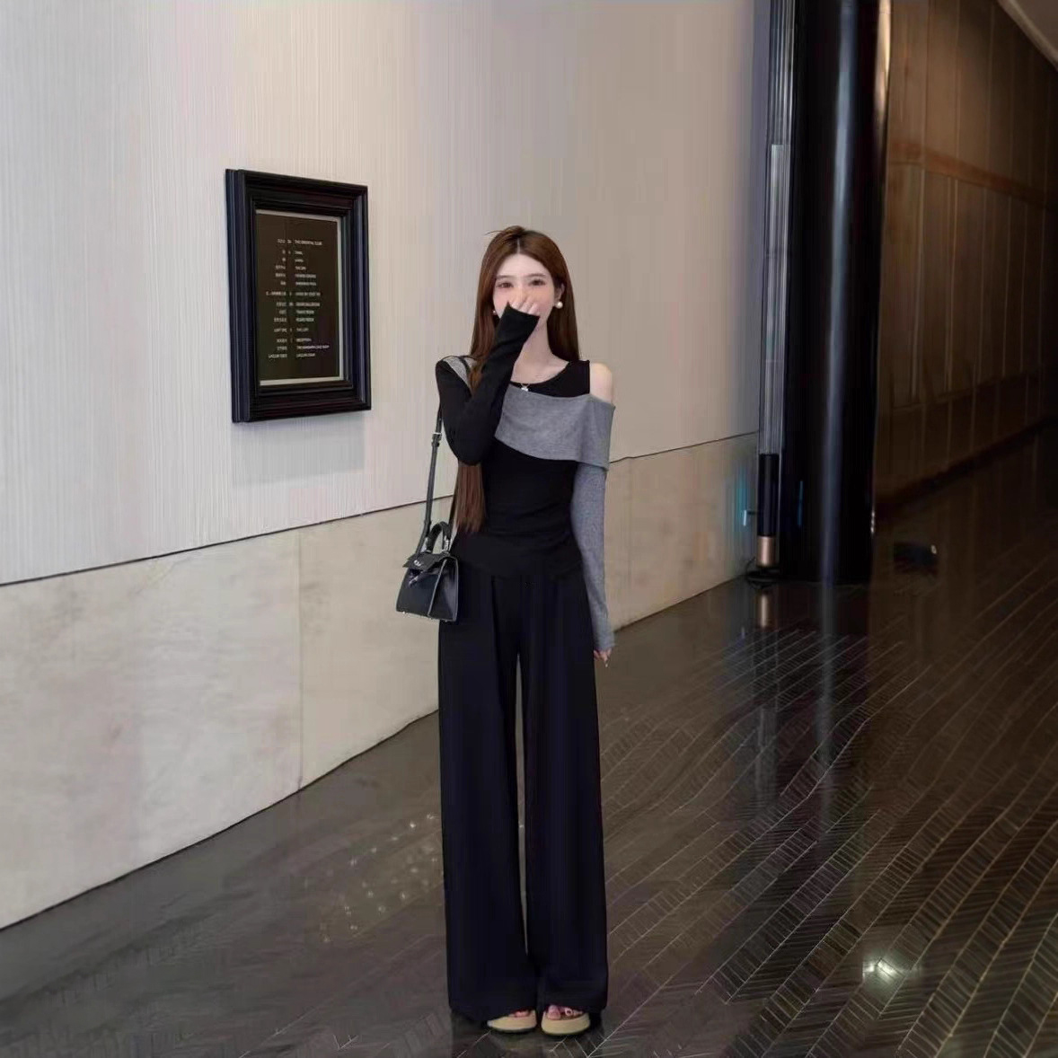 【單件/套裝】韓版高級感氣質撞色拼接露肩不規則上衣+高腰長褲兩件套裝