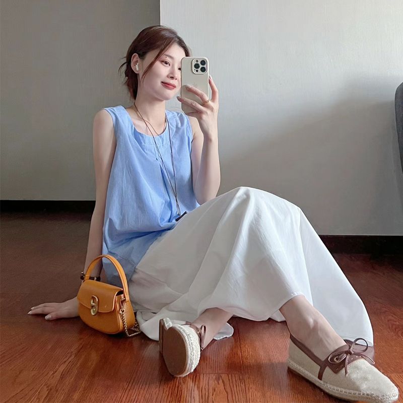 【單件/套裝】韓系溫柔風甜美藍色無袖背心+高腰半身裙兩件套