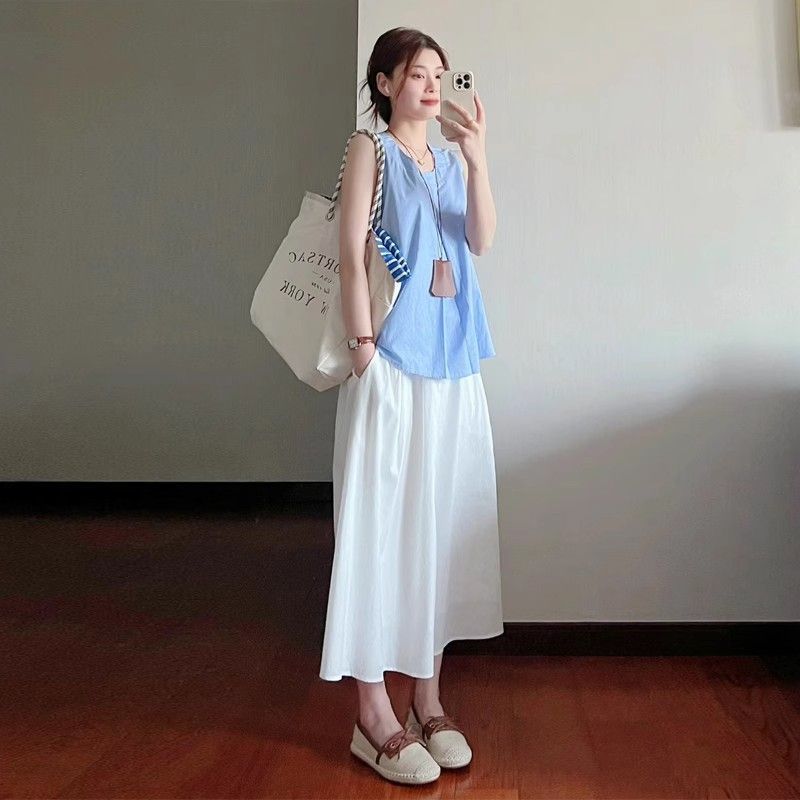 【單件/套裝】韓系溫柔風甜美藍色無袖背心+高腰半身裙兩件套