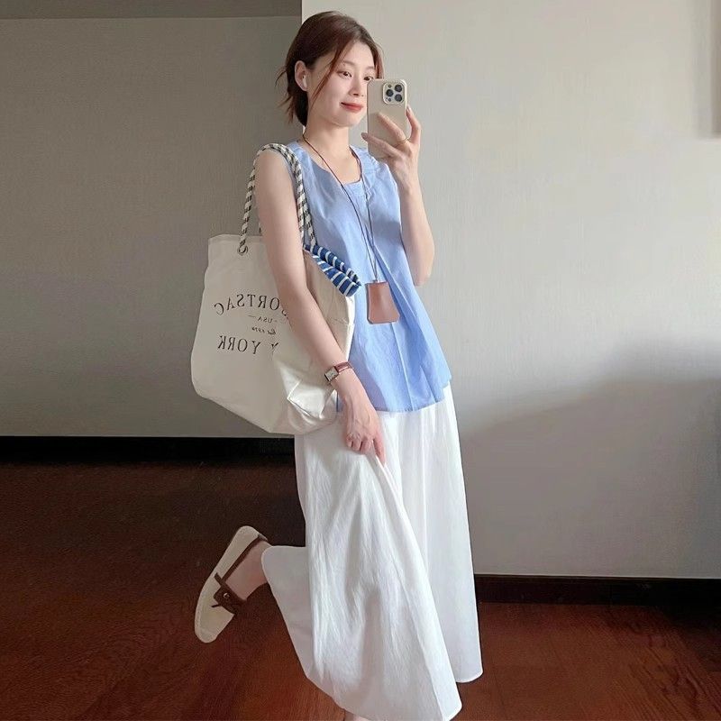 【單件/套裝】韓系溫柔風甜美藍色無袖背心+高腰半身裙兩件套
