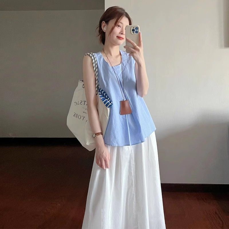 【單件/套裝】韓系溫柔風甜美藍色無袖背心+高腰半身裙兩件套
