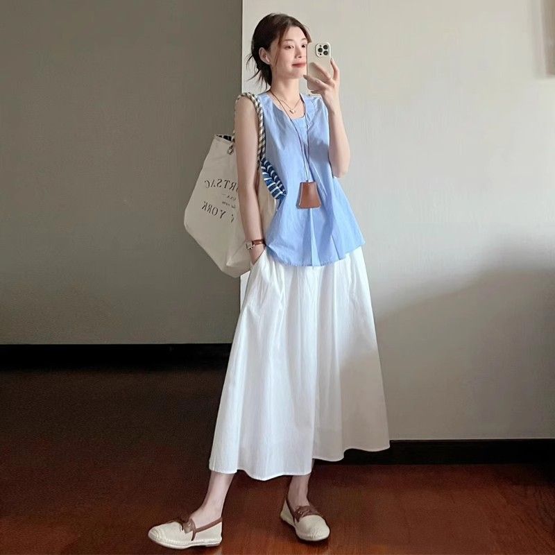 【單件/套裝】韓系溫柔風甜美藍色無袖背心+高腰半身裙兩件套