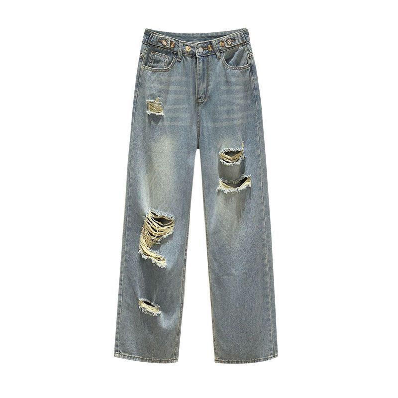 腰部可調節大碼闊腿高腰顯瘦百搭破洞牛仔褲