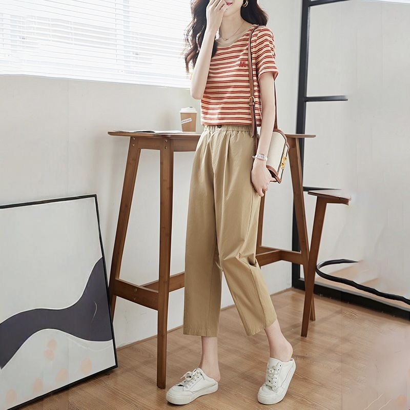 【單件/套裝】純棉休閑條紋時尚短袖T恤+松緊腰百搭休閑褲兩件套