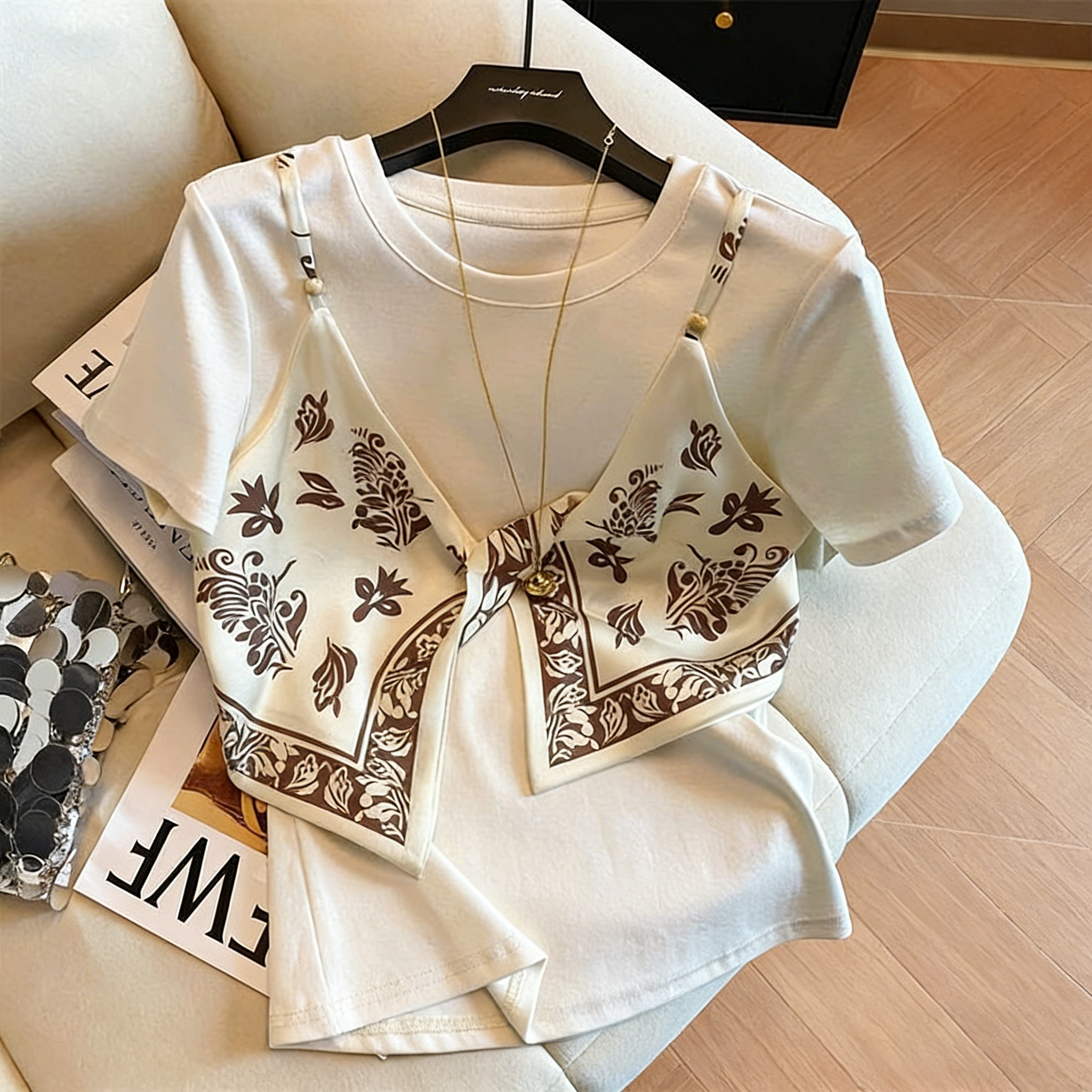 寬鬆百搭顯瘦別緻絲巾吊帶設計感假兩件T恤