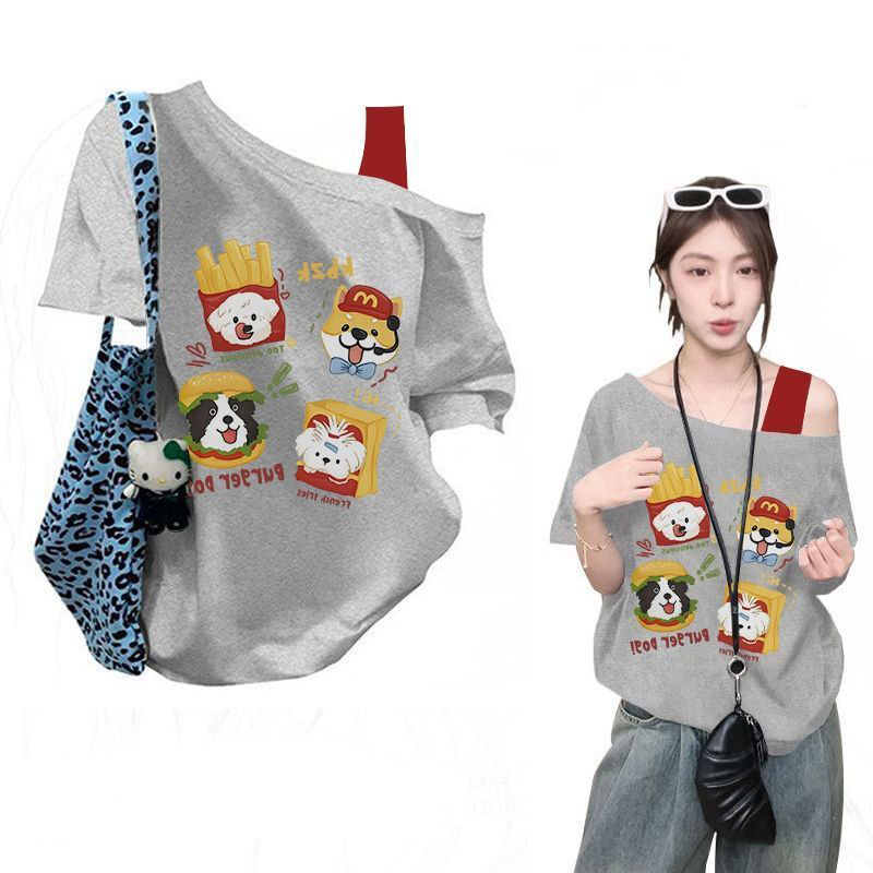 純棉美式假兩件吊帶小眾寬鬆印花斜肩短袖t恤