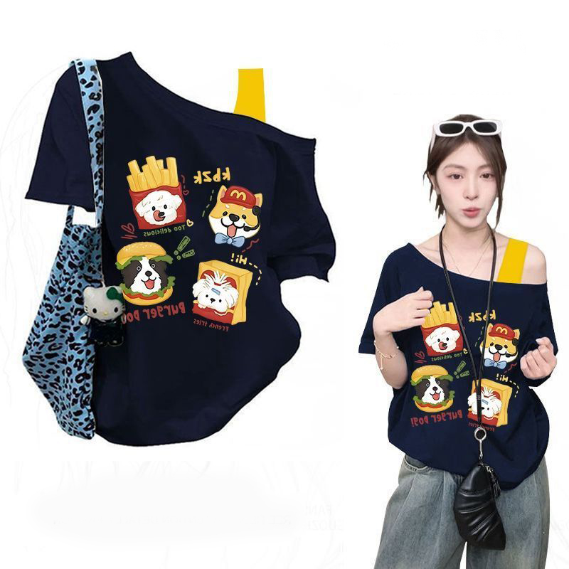 純棉美式假兩件吊帶小眾寬鬆印花斜肩短袖t恤