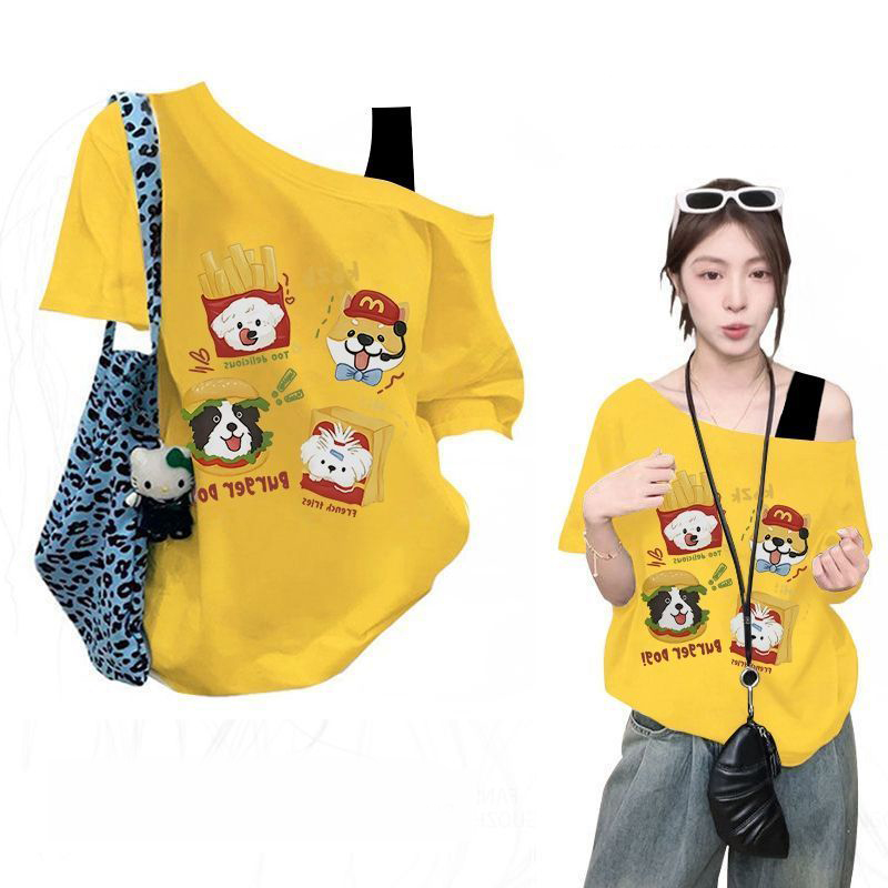 純棉美式假兩件吊帶小眾寬鬆印花斜肩短袖t恤