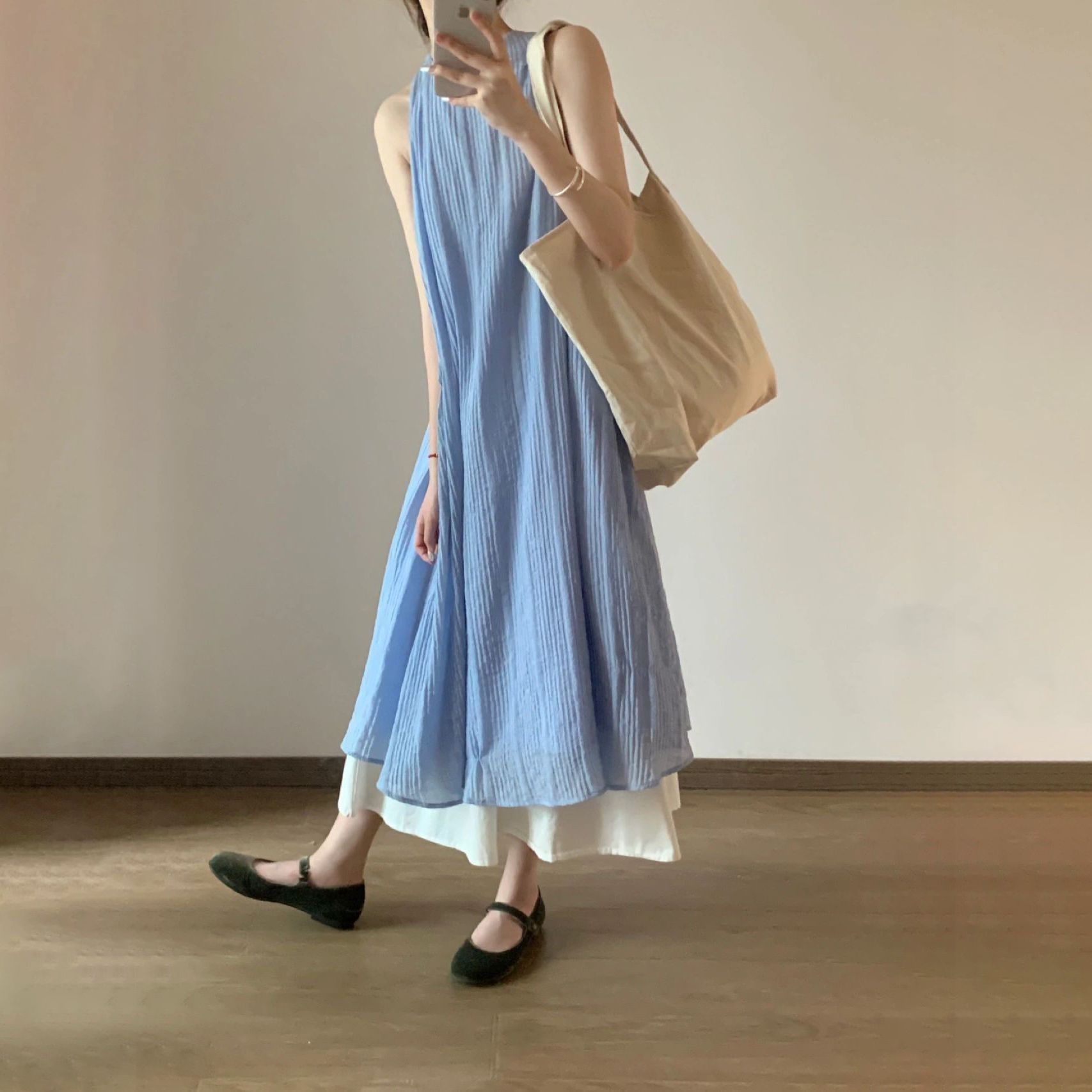 法式條紋肌理感寬鬆顯瘦垂墜氣質假兩件洋裝