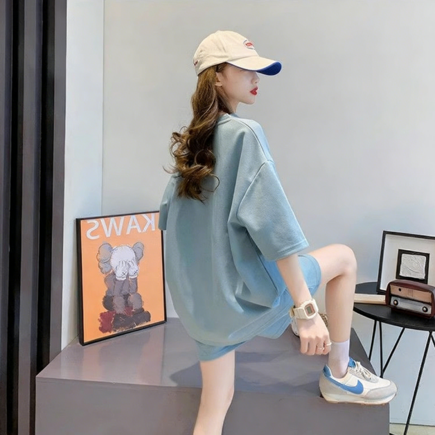 【整套】時尚洋氣減齡寬松遮肉短袖T恤+休閑運動短褲兩件套